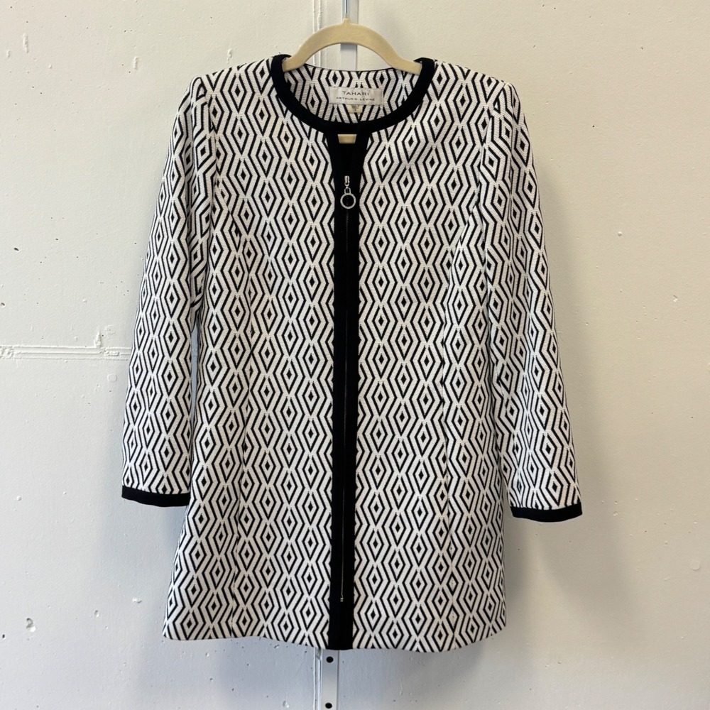 Tahari Arthur S Levine Aztec Diamond Ikat Zip Front Mid Length Jacket‎ Coat Sz 4